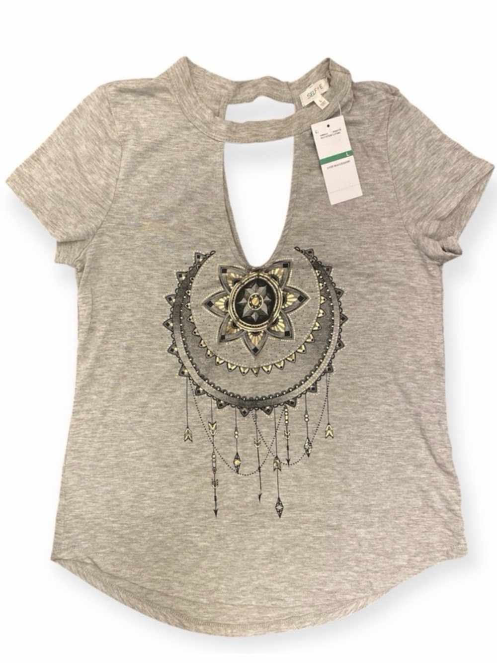 Women’s Gray Dream Catcher Cut-Out Neck T-Shirt Large Gold Accent Graphic NWT